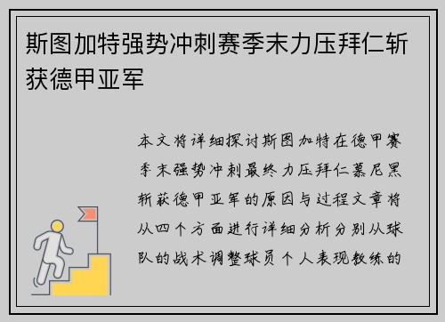 斯图加特强势冲刺赛季末力压拜仁斩获德甲亚军