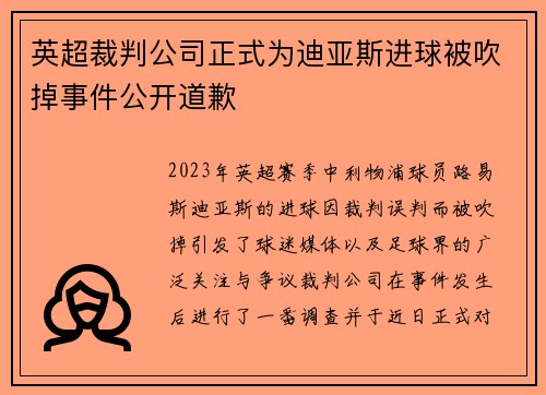英超裁判公司正式为迪亚斯进球被吹掉事件公开道歉